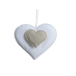 Soft, linen-textured heart-shaped ornament in a variety of neutral colors including white, linen, sage green, steel grey, lavender, pastel pink, red, and sky blue.