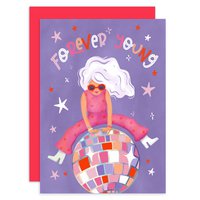 Card birthday congratulation woman with disco ball forever young funny purple