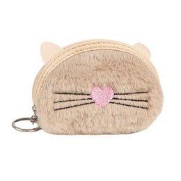  Beige fluffy cat face wallet with pink nose, whiskers, closed eyes, cute animal design, small compact purse
