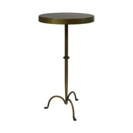  A round, gold-colored side table with a metal base and legs.