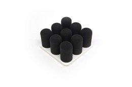 A set of black foam microphone covers or windscreens arranged in a grid pattern.