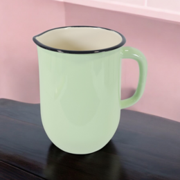 Enamel carafe from Ukraine, vintage, fair trade for peace. Available in Milk, Winter Evening, Mint Coolness, Mustard, Dark Turquoise, and Valentine colors. Handcrafted enamel mugs with classic shapes and vibrant hues.