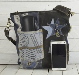 Bolso de hombro sostenible de mujer Sunsa. Bolso bandolera hecho de jeans reciclados y lona (canvas). Bolso estilo retro vintage. Bolso bandolera para mujer.