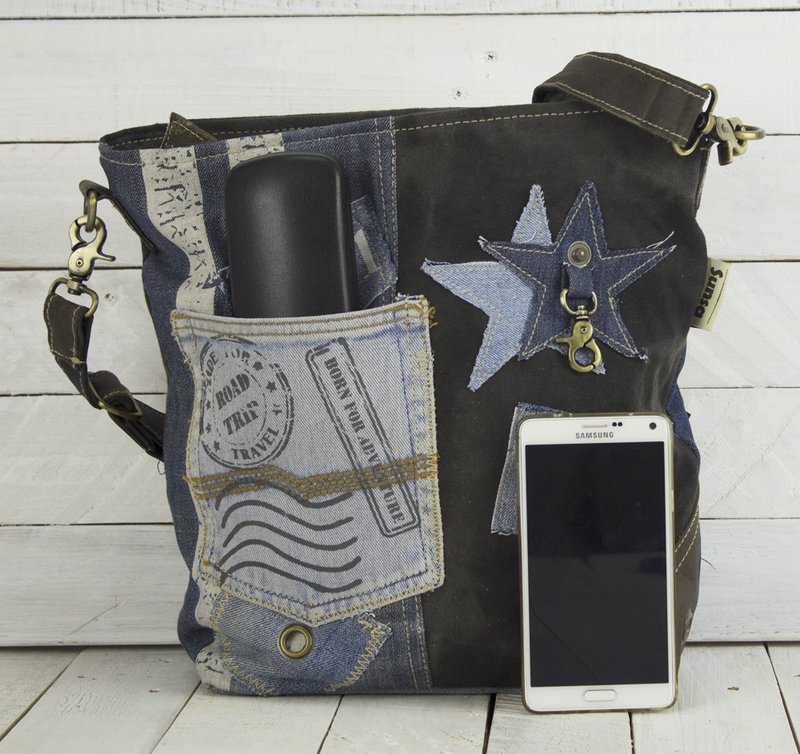 Bolso de hombro sostenible de mujer Sunsa. Bolso bandolera hecho de jeans reciclados y lona (canvas). Bolso estilo retro vintage. Bolso bandolera para mujer.