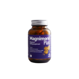 Magnimore Plus 60 magnesium supplement, amber glass bottle, white capsules, health wellness product.