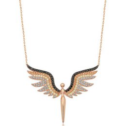 A delicate gold-tone chain necklace featuring a sparkling angel wing pendant with a mix of clear and brown crystals.