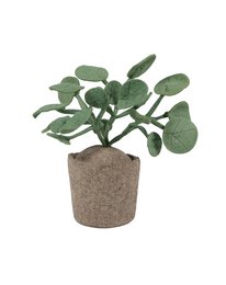  A potted artificial plant with large, round green leaves in a decorative pot.