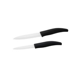  Set of 2 ceramic knives, 12.5 cm and 18 cm long, with black handles. Suitable for carving and slicing.