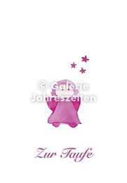  Pink baby carriage with stars and angels, baptism greeting card, German "Zur Taufe" text, white envelope.
