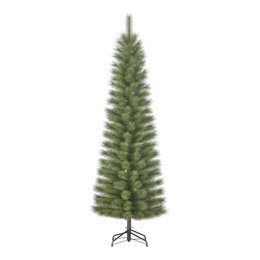  Tall, slender green artificial Christmas tree with dense, realistic-looking pine needles. Suitable for small to medium-sized spaces.