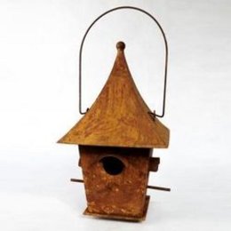 Pointed roof bird house with handle, made of wood, suitable for bird feeders.