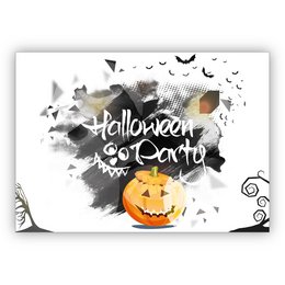  Creepy yet beautiful Halloween invitation card with a pumpkin design. Features a spooky black and white watercolor style background with flying bats. Perfect for a Halloween party.