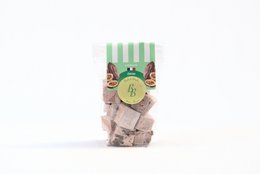  Handmade cocoa marshmallows, brown square pieces, striped green packaging, artisan Alsace product, 50g bag