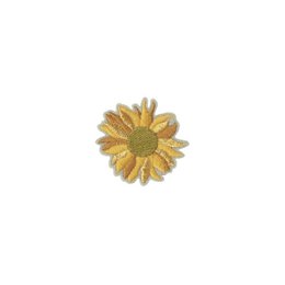 A decorative brooch in the shape of a sunflower, featuring yellow and green petals.