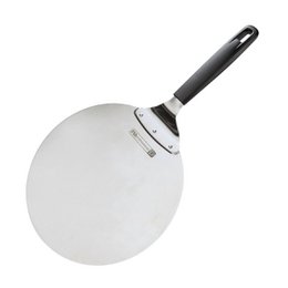A round, flat metal pizza shovel or tarte flambée tool with a long black handle. The tool appears to be made of stainless steel and is designed for professional use in baking pizzas or tarte flambées.