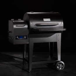 A large, black pellet grill with a digital control panel and wheels for easy mobility. The grill appears to be designed for outdoor cooking, with a sturdy construction and a spacious cooking area.
