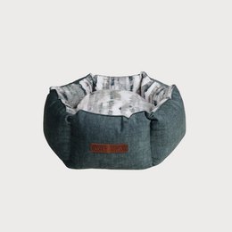  "Dark green dog bed, round shape, soft fabric, plaid interior lining, cozy pet cushion"