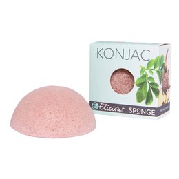 A round, pink konjac facial sponge with anti-aging properties made from the konjac plant.