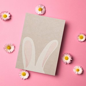 Paaskaart konijn - ansichtkaart paashaas voor paasgroeten of als cadeau-idee voor Pasen, vrolijke paaskaart konijnenoren, kaart lente