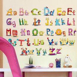 Colorful and whimsical alphabet letters stickers featuring various animal and character designs. Suitable for decorating walls in children's rooms or playrooms.