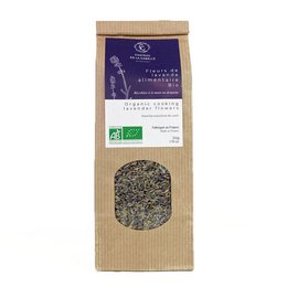 Organic lavender flower, 50g. Dried lavender flowers with a natural, earthy aroma and purple-blue hue. Suitable for culinary, aromatherapy, and craft uses.