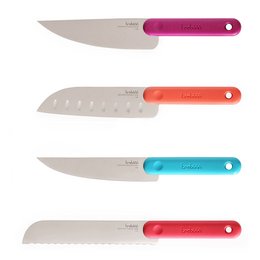 A set of four colorful knives with different blade shapes and sizes, suitable for various kitchen tasks.