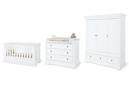 White wooden nursery furniture set including a crib, changing unit, and large wardrobe. Suitable for a baby's room.