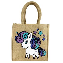  A jute shoulder bag for little girls featuring a colorful unicorn design, perfect for carrying essentials or as a gift.