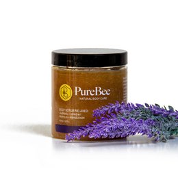 Relaxing lavender body scrub with natural ingredients for a soothing and rejuvenating experience. Exfoliates and moisturizes skin.