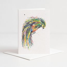 Colorful parrot-themed greeting card with envelope.