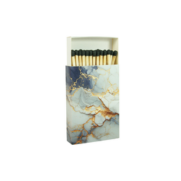 Marble matches with artistic watercolor design, gold-tipped wooden matchsticks, decorative box with nature-inspired aesthetic.