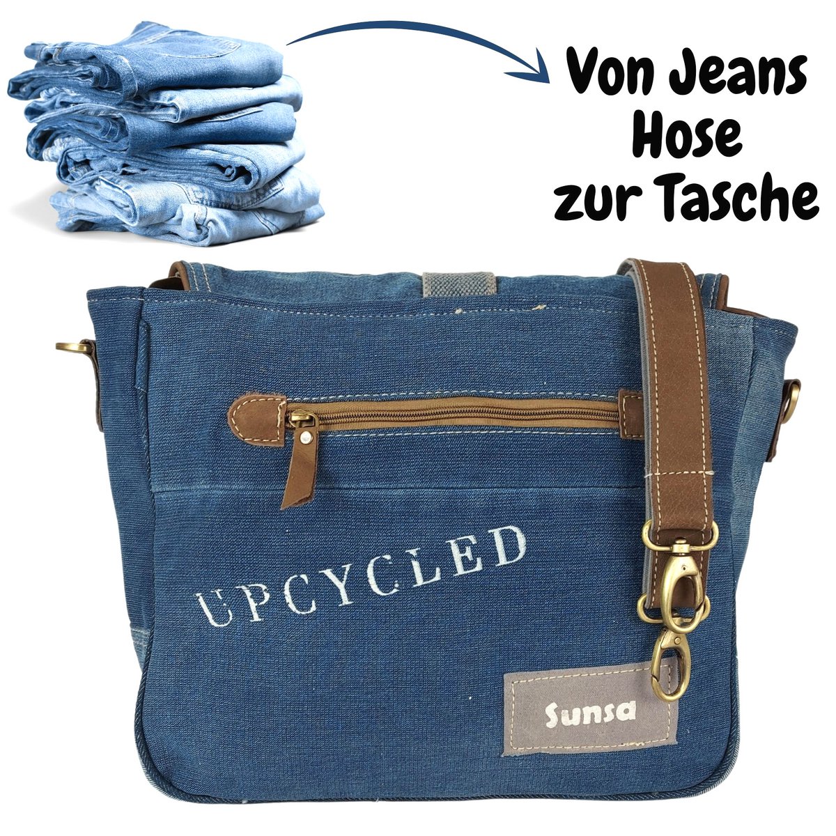 Sunsa Damen Nachhaltig Messenger Handtasche aus recycelte Jeans  Canvas Kurier Form Schultertasche in Vintage 