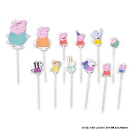 Set of 24 decorated wooden picks for parties and birthdays featuring Peppa Pig characters. The picks can be used to decorate cakes, cupcakes, and other desserts. The set includes a variety of Peppa Pig characters in different poses and colors.