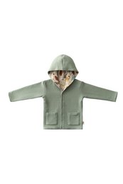 A double-sided reversible hoodie for kids in a jungle print. The hoodie is made of a soft, lightweight material and features a hood, pockets, and a zipper closure. The hoodie is available in mint color and various sizes from 3-6 months to 4-5 years.