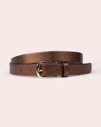  Premium textured brown leather belt with polished metal buckle, available in bronze, gold, gunmetal, silver finishes.