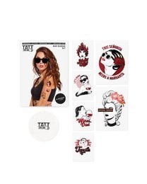 Temporary tattoo set featuring bold, edgy designs including a woman's face with sunglasses, a rose, and other abstract patterns. Suitable for fashion and accessory use.