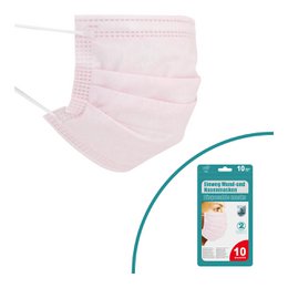  10-pack of pink, 3-layer face masks with ear loops, suitable for sleep or daily use.