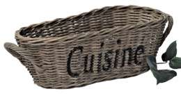 Woven wicker basket labeled "Cuisine" with various bread and baking items inside.