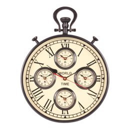  Round black wall clock with multiple time zones, cream face, Roman numerals, world time display