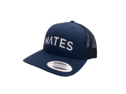Navy blue unisex cap with "MATES" text. Adjustable snapback closure.