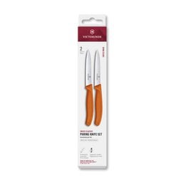 Victorinox Smooth + Serrated Peeling Knife, 10cm, Orange Handle. Versatile kitchen knife with smooth and serrated edges for peeling and slicing. Durable stainless steel blade, ergonomic orange handle.