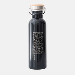 Reusable stainless steel bottle in black and white colors, featuring a nature-inspired design with leaves and plants. Durable, eco-friendly, and perfect for everyday use.
