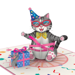 A colorful pop-up birthday card featuring a playful cat in a party hat, surrounded by gifts, confetti, and other festive elements.