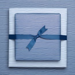 Blue and white striped wrapping paper with a navy blue bow.