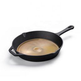 Two cast iron skillets, 25 cm and 30 cm in size, with a polished finish for durable and even cooking.