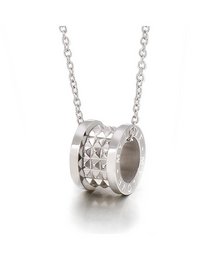 Silver-toned pendant necklace with a textured ring design.
