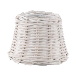 A round, white wicker lampshade with a clip-on attachment. The lampshade measures 13cm in width, 13cm in depth, and 9cm in height.
