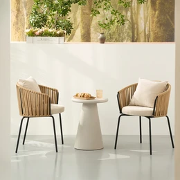  Beige linen-look dining chair with vertical rope weave back, black metal legs, modern minimalist style.