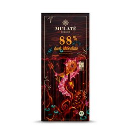 Dark chocolate bar with 88% cacao content, featuring a vibrant floral design on the packaging.
