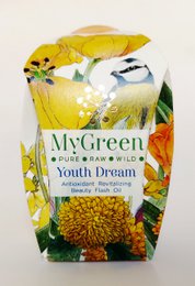 Youth Dream Oil, a face oil product with a bottle design featuring a blue tit bird, yellow flowers, and the product name. The oil is intended for facial skincare and beauty.